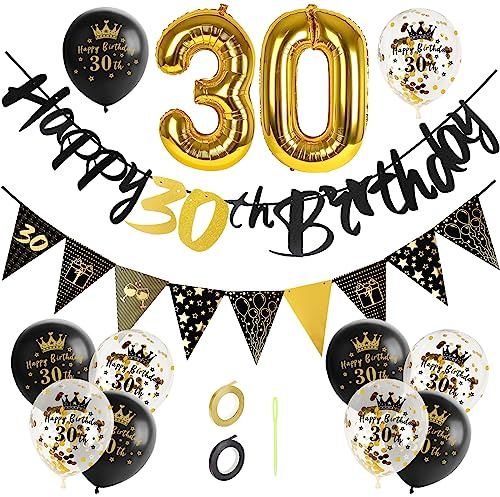 GoldRock Deko 30 Geburtstag Männer Frau, 30 Geburtstag Deko Luftballons Set, Geburtstagsdeko 30 Jahre,30. Geburtstage Frauen,30er Geburtstage Mann Deko mit Happy Birthday Girlande,Folienballon Zahl 30