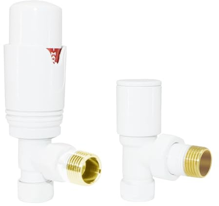 NRG Designer Radiator Valve Angled Thermostatic Valves White | Central Heating Taps, Brass, Safety Valves, 15mm Inlet, Modern Design, Easy to Use, 15mm Connection