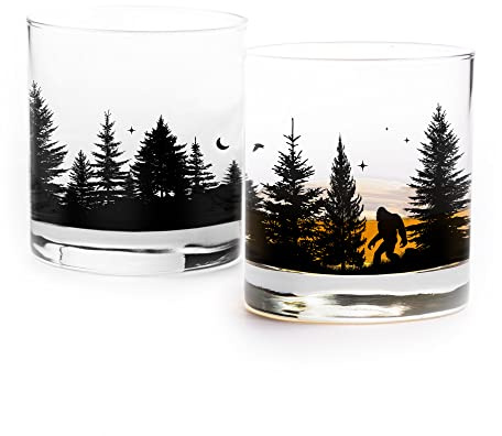 Black Lantern Whiskey Glasses Set of 2 – 11oz Heavy Base Old Fashioned Rocks Glasses – Screen Printed Bourbon Tumblers with Gift Box (Bigfoot in the Forest)