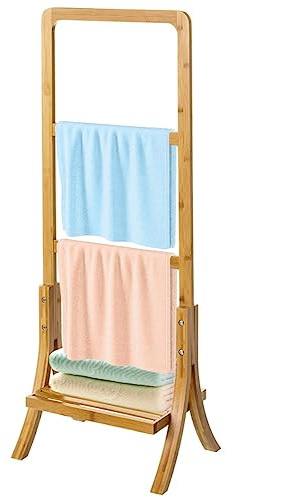 BAKAJI Stand Portasciugamani in Bambù con 3 Barre e 1 Ripiano, Portasalviette da Terra in Legno Naturale, Porta Asciugamani Montaggio Indipendente, Design Nordico, 40 x 104 x 29 cm