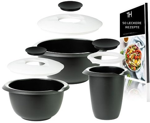 Thiru Bol para mezclar y hornear con tapa antisalpicaduras - Cuencos de Mezcla - Tazones Antideslizante y sin BPA - Fabricado en Alemania (negro, juego ahorro – 3,5 l & 2,5 l & cazo batidor)