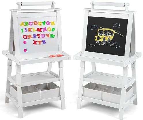 DREAMADE doppelseitige Kinder Staffelei aus Holz, Kinderstaffelei mit Ablage, Kindertafel mit Papierrolle Whiteboard und Kreidetafel, inkl. 2 Stoffboxen (Beige)
