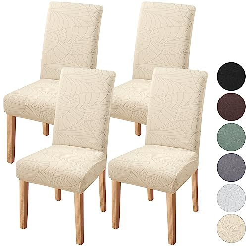 Fuloon Stretch Dining Chair Covers 4 Pack Wrinkle Free, Basic Stretch | 92% polyester 8% spandex stretch covers offer full protection with a nonslip elastic hem, fitting 20-24 inch chair backs