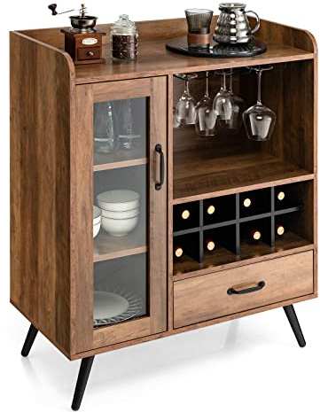 COSTWAY Küchenschrank, mit Weinregal und integrierten Glashaltern, Buffetschrank Holz, Sideboard mit Schublade & Glastür, Vintage, 80 x 40 x 95 cm