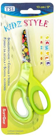 TSI Schülerschere mit Motiv FLOWER auf den Scherenblättern, Größe 13 cm, Farbe grün, Art.Nr. 41805