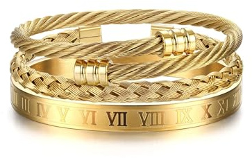 FIOROYAL 3 Stück Edelstahl-Armbänder für Herren, römische Ziffern-Armreif, verstellbares Manschettenarmband, gedrehtes Kabelarmband, Herren-Luxus-Armbänder, Schmuck, Geschenke, Gold