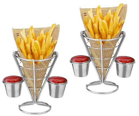 Pommes-Frites-Ständer, Pommes-Kegelkorb mit doppeltem Soßenlöffel, Metalldraht, Pommes-Frites-Halter, gebratenes Huhn-Display für Lebensmittel, Snacks, Vorspeisen, Küche, Restaurant, Buffet, Picknick,