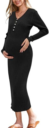 OUGES Women's Wool Blend Stretchy Button Maternity Photoshoot Baby Shower Dress Semi-Formal Bodycon Sweater Dresses(Black,M)