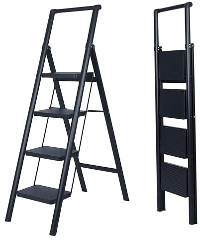 UZIRO Scaletta 4 Gradini, Perfetta per Casa, Scala Pieghevole e Compatta con Pedali Larghi Antiscivolo, Facile da Riporre e Trasportare, Colore Nero
