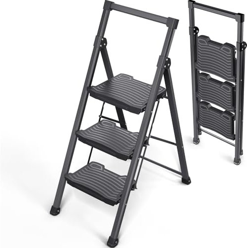 KINGRACK Escabeau 3 Marches Pliable avec Main Courante, Tabouret Marche Pied avec Large Antidérapante Pédale, Domestique Échelle Léger pour Maison, Cuisine, Garde-Manger (Noir, 3 Marches)