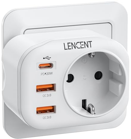 LENCENT Ladron Enchufe USB C 4000W, Cargador con Carga Rápida QC3.0+PD20W, Cargador con 1 Toma de CA & 3 Puertos USB, para Móvil, Tableta, Adecuedo para Familia, Cocina y Oficina