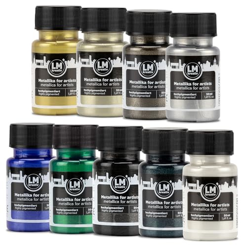 LM-Kreativ Metallika for Artists 9x50ml - Set Luxe - Metallic Acrylfarbe/Bastelfarbe. Für kreative Projekte auf Holz, Leinwand, Keramik. Hochdeckend, lichtecht. Für Künstler und Bastler