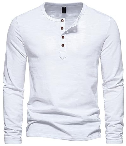 Polo de manga larga para hombre, con cuello redondo y cuatro botones, de algodón, con estilo casual, de un solo color, cómodo, de ajuste slim, camisetas adecuadas para todas las estaciones, Blanco, XL