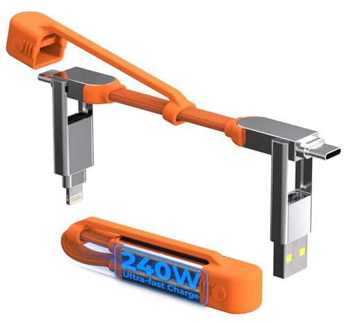 Rolling Square InCharge XS – 240 W 4-i-1 nyckelringskabel | Snabbladdning och dataöverföring | Universell USB C/Lightning/USB-kabel med metallhölje | N52 magneter | Miljövänlig | Orange