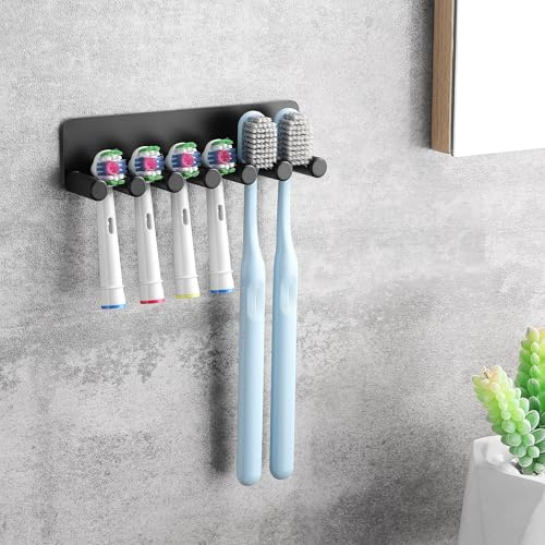 OETAMS Elektrisch Zahnbürstenhalter Ohne Bohren, Zahnbürste Halter Wand für 6 Elektrische Bürstenköpfe, Zahnburstenhalterung Edelstahl, Selbstklebend Zahnbürstenkopf Halter Schwarz