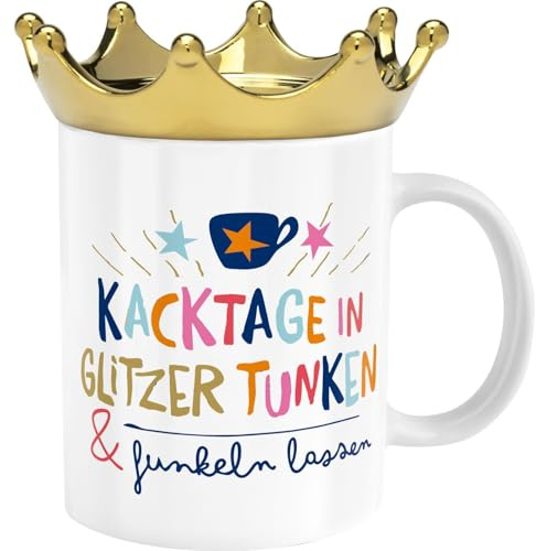 H:) PPY life Tasse Krone mit Motiv Funkeln | Kaffeetasse, Porzellan, 35 cl, Deckel in Kronenform, Geschenkbox | Geschenk für Sie, Freundin, Schwester, Kollegin | 74440