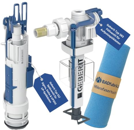 BADfabrik24 Geberit Typ 383 Füllventil + Typ 212 Spülventil Set – für Aufputz- & Unterputz-Spülkästen – inkl. Mikrofasertuch – leiser Betrieb, einstellbare Spülmengen, schnelle WC-Reparatur
