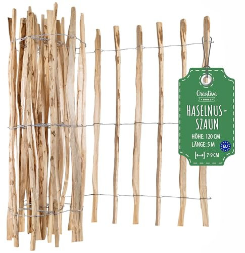 Creative Home Staketenzaun 120cm hoch und 5m lang | Haselnusszaun | Rollzaun | Lattenabstand 7-9 cm | Gartenzaun Holz Holzzaun | Zaun Garten Ideal als Rasenkante Blumenbeet Umrandung aus Haselnuss