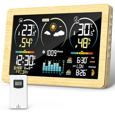 Estación Meteorológica con Sensor de Exterior, Termómetro Meteorológico Digital Inalámbrico con Pantalla a Color y Reloj DCF, Previsión Meteorológica con Luz de Fondo Ajustable y Calendario