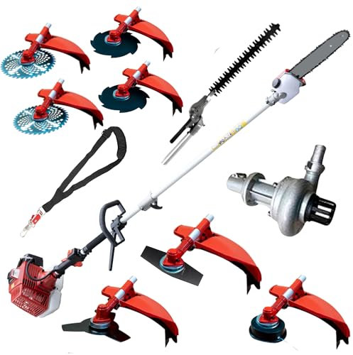 Synergy Desbrozadora Multifunción Gasolina 10 en 1 65cc 4,9cv Motor 2 Tiempos, con Bomba de Agua, Cortasetos, Podadora, 6 Discos y Cabezal Automático, Arnés Profesional y Kit de Protección.