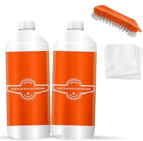 Rostflecken Entferner 2x250ml + Bürste - Steinreiniger Rostentfernung Terrasse Stein Fliesen Beton Pflaster Keramik Naturstein Granit Schiefer - wirkt selbsttätig Flugrost Acryl Wachs - BEKATEQ LS-565