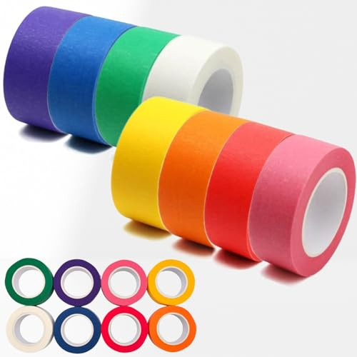 JiaaOne Coloured Masking Tapes Set for Painting, Rainbow Crepe Paper Painters Tape, Residue-Free & Writable, Coloured Craft Tape for DIY, Gift Wrapping, Office Labeling & Scrapbooking (8, 15mm*13m)