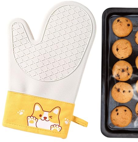 Oven Mitts - Oven Gloves Heat Resistant | Kitchen Mitts | Non-Slip Silicone Pot Holder Gloves | Double-Layer Insulated Mittens with Cotton Liner Dog Pattern for Chef Cooking Grilling Pizza Cookware