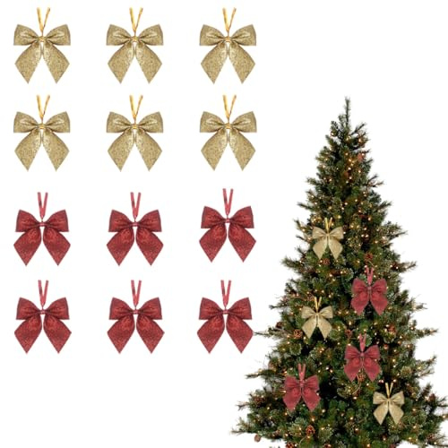 VYNZOR 12 Pièces Noeuds Papillon Noël avec Fil Métallique, Noeuds Sapin de Noel Pailletés Rouge et Or pour Décorations de Noël, Cadeaux, Couronne de Porte, Table (5x5 cm)