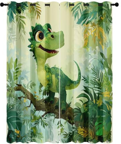 Generisch Vorhänge Dinosaurier Dino Kinder, Vorhang Blickdicht Waldtiere Tierwelt für Schlafzimmer, Verdunklungsvorhänge mit Ösen, Gardinen Wohnzimmer Deko, H137 x B117 cm 2er Set