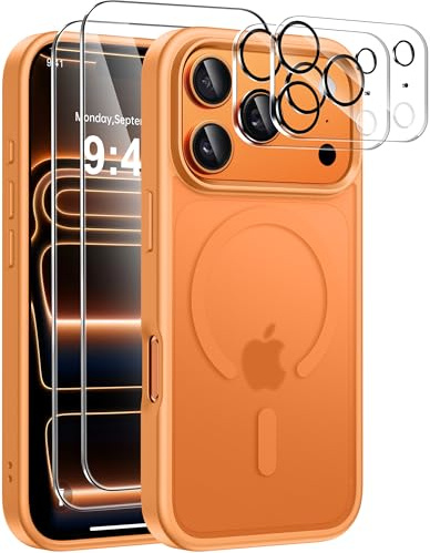 ivencase Magnetic for iPhone 17 Pro Case with 2 Pack Screen Protector and 2 Pack Camera Lens Protector, Compatible with MagSafe, Shockproof Protective Translucent Matte Back Phone Case 6.3 -Orange