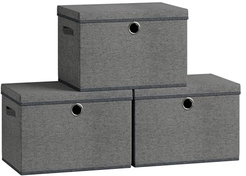 SONGMICS Aufbewahrungsboxen, 3er Set, mit Deckel, Stoffboxen mit Griffen | Ordnungsboxen, PP-Platten, geruchsneutral, faltbar, stapelbar, 43 x 30 x 30 cm, schiefergrau, TINA Kollektion RFB545GN01