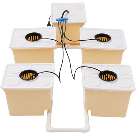 HeinaTond Sistema de cultivo hidropónico DWC de 11 L, sistema hidropónico con 5 cubos, 4 tapas de red, 1 bomba sumergible, juego hidropónico eficiente para interiores, para verduras, frutas, flores