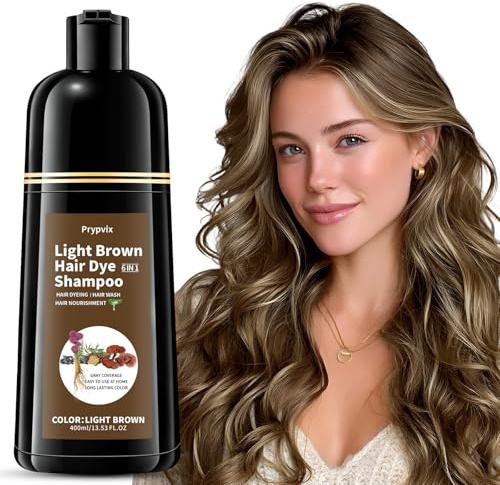 Prypvix Light Brown Hair Dye Shampoo for 100% Gray Coverage, Natural Herbal 3 IN 1 Formula Hair Color Shampoo, Semi-Permanent Color for Women & Men, Nourishes with Botanicals, Ammonia & Paraben Free