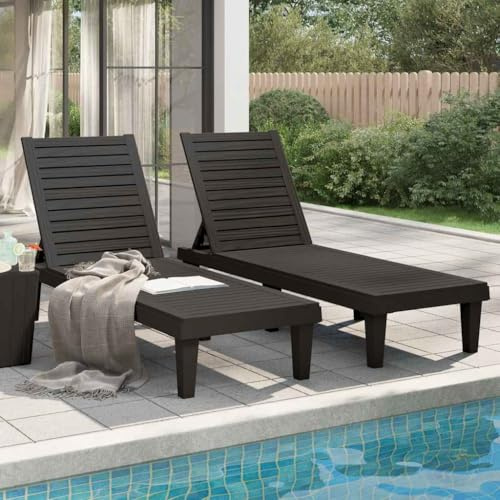 RMIHSJG 2 Stück Sonnenliegen Schwarz 155x58x83 cm Polypropylen mit Verstellbarer Rückenlehne und Holzoptik für Garten und Terrasse, Wetterfeste Outdoor Relax Liege