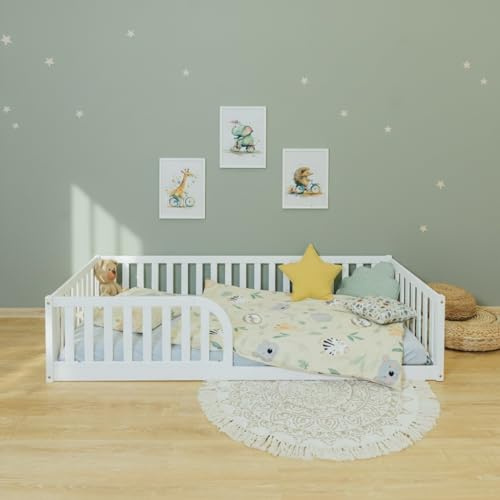 Mandrele Milava Montessori Bett 90x200 cm, Bodenbett mit Lattenrost, Kinderbett aus Kiefernholz mit 40 cm Rausfallschutz, Einstieg Links oder rechts montierbar, Weiß