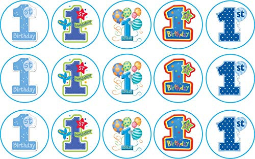 15 x 2 inch cupcake toppers Blue 1st birthday edible icing