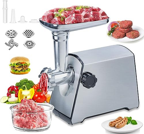 BenRich Electric Meat Grinder Sausage Stuffer, Powerful 2800W Copper Motor, Heavy-Duty Meat Mincer with 3 Cutting Plates, Kibbe Attachment, Stainless Steel Body, Easy to Assemble and Clean, Silver