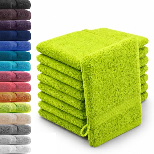 10er Set Waschhandschuhe Waschlappen Apfelgrün 16x21 cm | 100% Baumwolle Frottier | Oeko-TEX® Standard 100 | Premium Qualität 500 g/m²