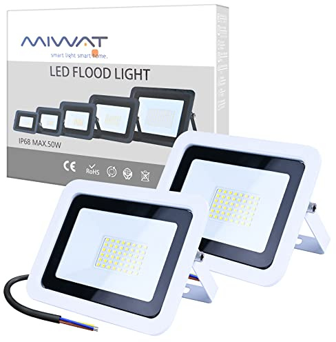 MIWATT LED Strahler Außen 2 Stücke, 50W LED Fluter, Superhell 4000LM Außenstrahler 4000K Kaltweiß IP68 Wasserfest Aussenstrahler, Aussenlampe für Hinterhof, Auffahrt, Türen, Garage, Flur, Garten
