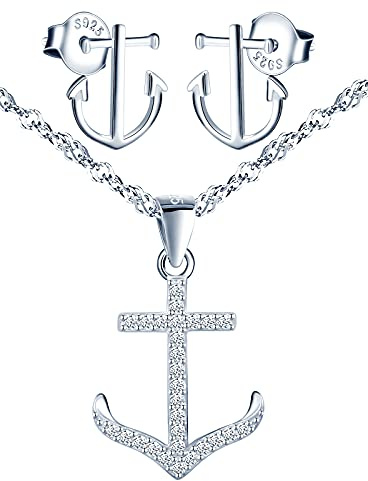 Yumilok Schmuckset Silber 925 Damen Ohrstecker Ohrringe mit Anker Anhänger Halskette mit Zirkonia Geschenke für Frauen