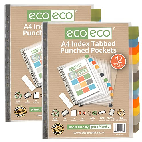 eco-eco A4 95% recyceltes Set, 12 gelochte Poly-Taschen mit Trennblättern, Blattschutzhüllen, 2 Stück, eco058 x 2, schwarz, blau, gelb, grün, orange, grau