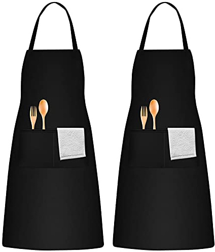 KYSUN 2 Stück Schürze Schwarz, Schürze Unisex, Schürzes mit 2 Taschen, Schürzes Verstellbar, Baumwoll Polyester Schürzes für Küche Grill Restaurant Kaffee Köche Gartenarbeit
