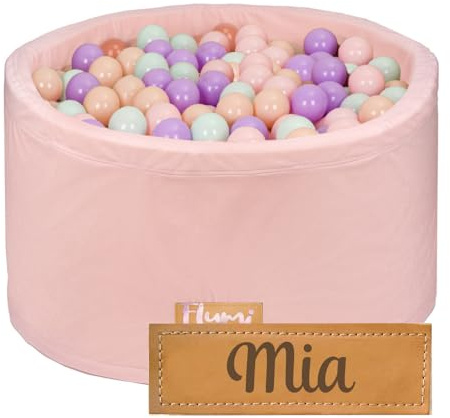 Flumi Personalisierte Bällebad Baby ab 1 Jahr - Bällepool Kinder 90x40cm mit 200 Bällebad Bälle ∅ 7cm in EU hergestellt - Oeko-TEX und CE-Zertifiziert - (Puderrosa)