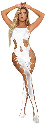 Dessous Aus Lack Frauen Sexy Dessous Nachtwäsche Nachtwäsche Body Stocking Fischnetz Bodysuit Sissy Sheer Babydoll Dessous Korsage Schwarz (White-C, One Size)