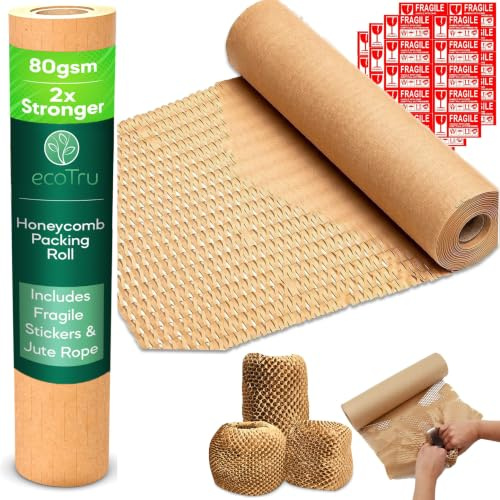 ecoTru Wabenpapier verpackungsmaterial 30cm x 20m, Luftpolsterfolie Öko Alternative für umzug und Versand, Verpackungspapier und füllmaterial für pakete, Papier noppenfolie, Bubble wrap packing rolle