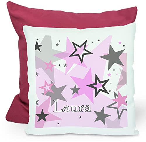 CreaDesign, Kinder Kissen 40x40 cm personalisiert mit Namen, Kinderzimmer Deko Kissen Kinder mit Füllung Federn, Motiv Sterne rosa grau, Rückenfarbe Lila
