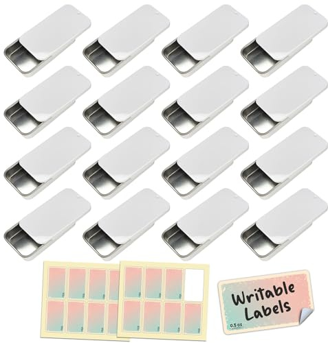 Cubic Ape Slide Top Tin Containers for Lip Balm, Solid Perfume (0.5 oz, 16-Pack, w/Labels) - (Small) Empty Cosmetics Metal Boxes with Sliding Lids (Gloss White)