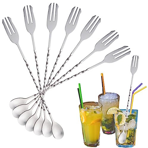 8 Pcs Mixing Spoon, Spiral Bar Spoon Stainless Steel Cocktail Mixing Spoons 10 Inches Spoon with Fork Tip for Cocktails Set,Bar Tool Set,Bartender Tool