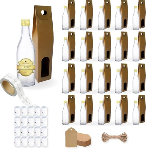 Espirito Rebelde 20 Mini Bouteilles en Verre 50ml avec Bouchon a Vis Doré + Boîte + Sceau + Étiquette Kraft + Fil | Mignonnettes Alcool 5cl, Petites Fioles Échantillons | Idéal pour Cadeaux, Mariages
