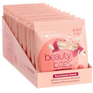 Biogena Moments Beauty Bites - 10er-Pack - Weiße Kokosmandelcreme Vegane Snacks, Gluten- und Palmölfrei, mit Vitaminen A, E, Biotin, Zink & veganer Hyaluronsäure für strahlende Haut | 135 kcal